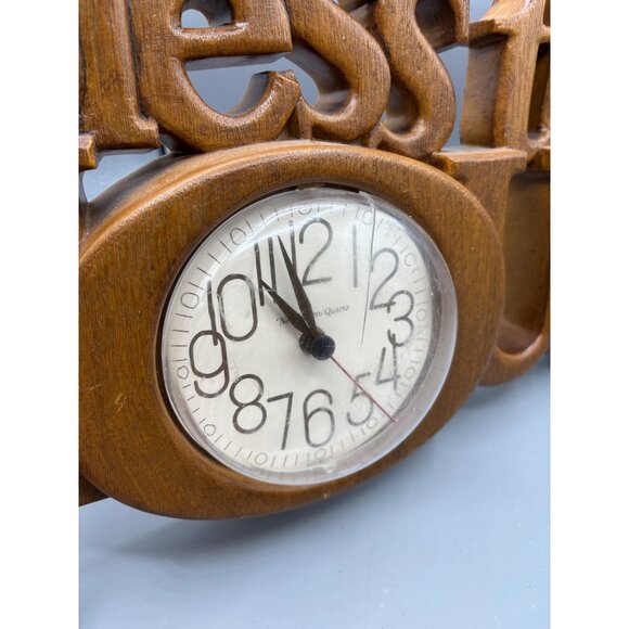 Vtg Burwood 80s Wall Clock Faux Wood "Bless This House" Quartz Movement - Picture 2 of 10